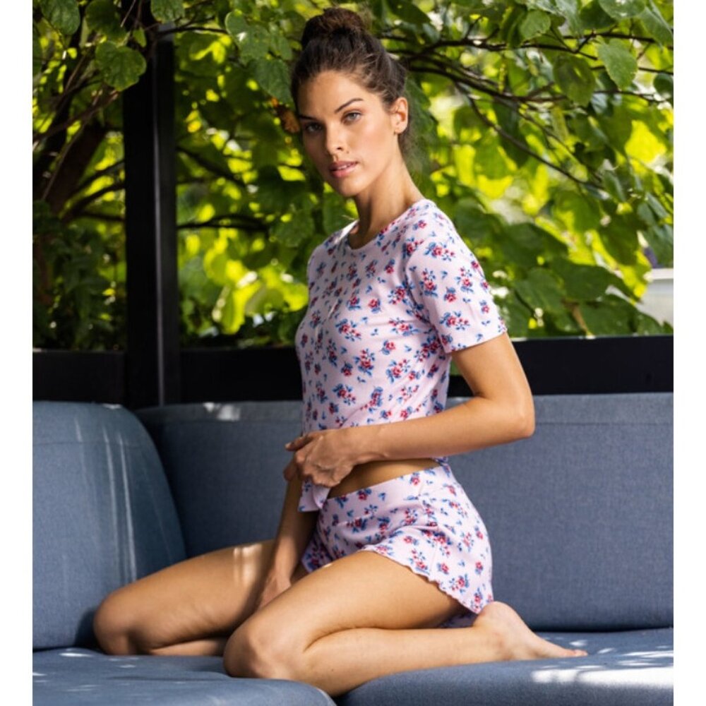 Plush Apparel‎ Micro Waffle Floral Two Piece Pajama Set Pink Multicolor Large